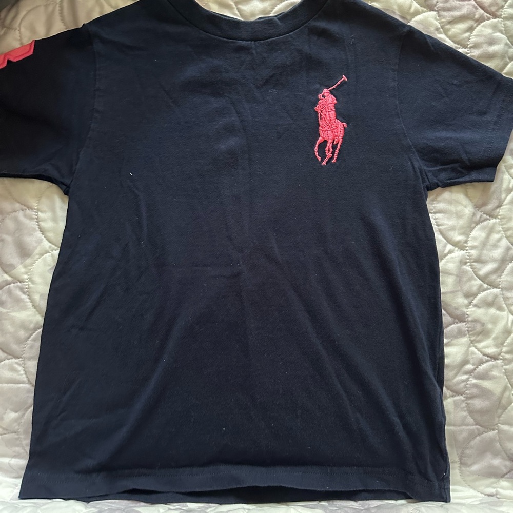 Blue polo shirt pink horse